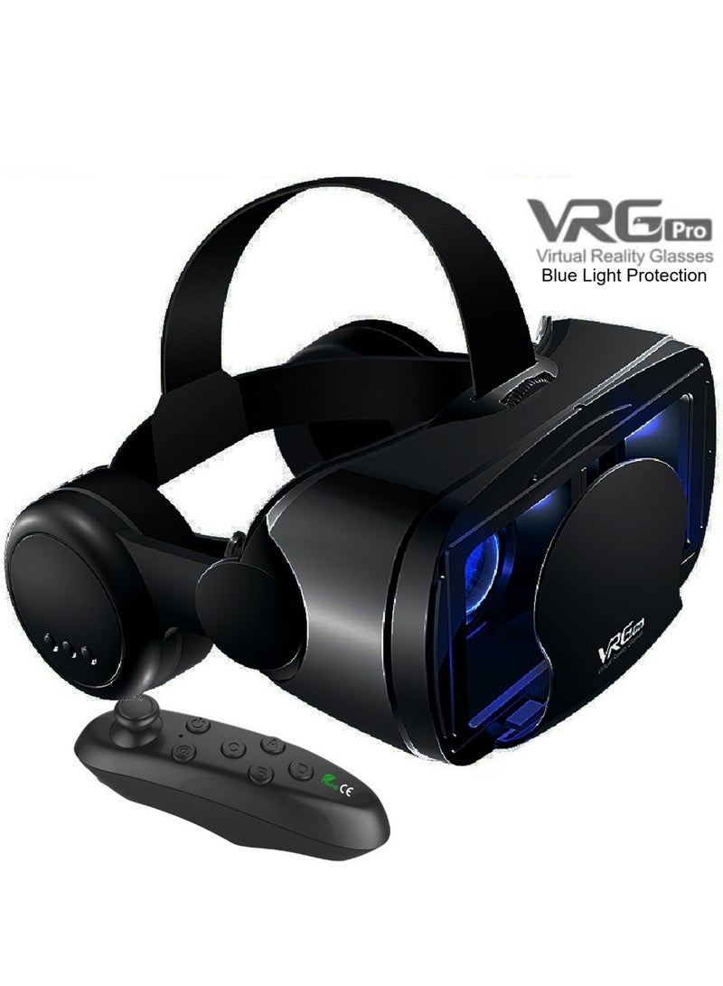 VRG VR Goggles VRG Pro 3D Virtual Reality VR Glasses + Hi-Fi Headphones Version, Blue Light Protection + Controller for TV, Movies & Video Games Compatible with iOS & Android Smartphone Within 5-7inch Screen Phone Eye Protected Soft & Comfortable Adjustable Distance Big Screen/ 3D Effect + Immersion /Full-Screen Vision, Full Screen, No Borders/ Immersive Games - Image 1